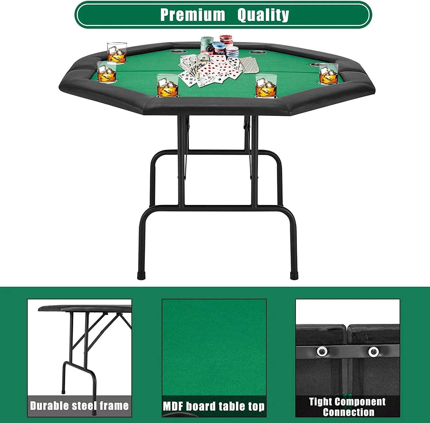 29" Game Poker Table W/Stainless Steel Cup Holder Casino Leisure Table for 8 Players, Green