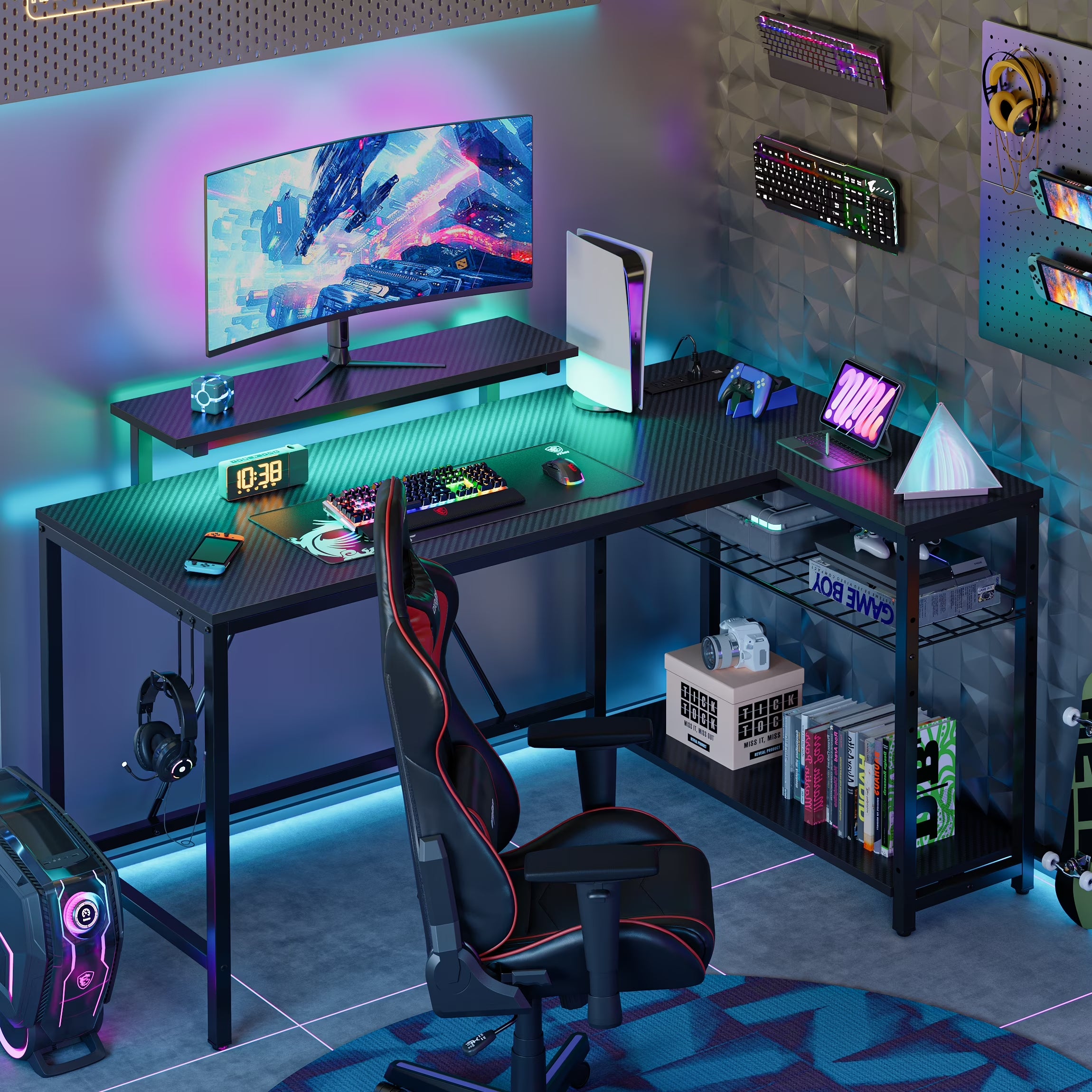 52" Gaming Desk with LED Lights L Shaped Desk with Power Outlet & Monitor Stand Corner Computer Desk in Carbon Fiber