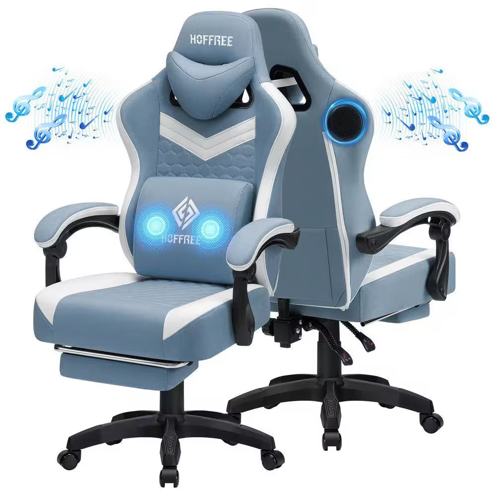 Fabric Reclining Ergonomic Gaming Chair in Blue/White with Bluetooth Speakers and Vibration Lumbar Pillow