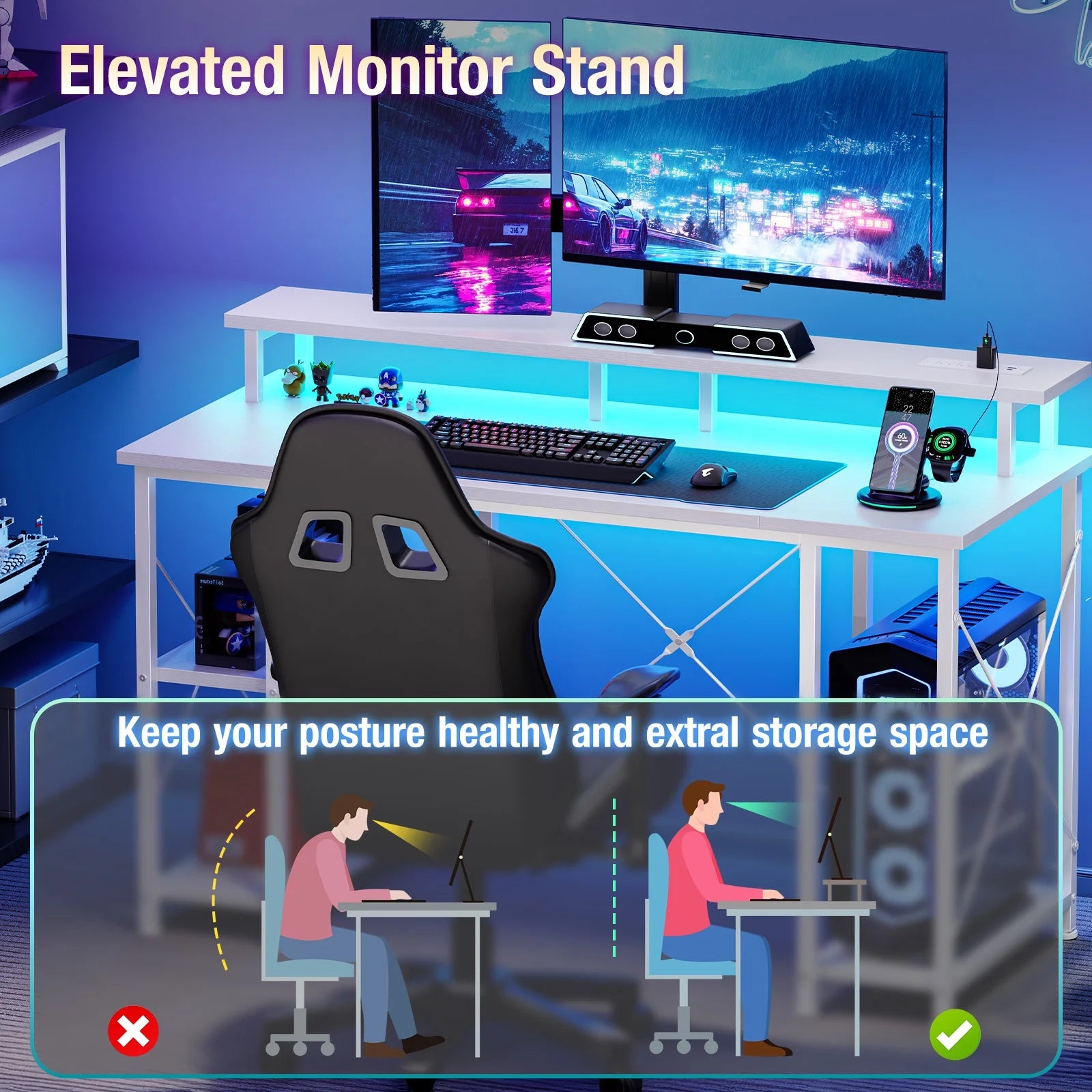 48-Inch Gaming Desk with LED Lights, Power Outlets, Monitor Stand, App-Controlled Features and Headphone Hook