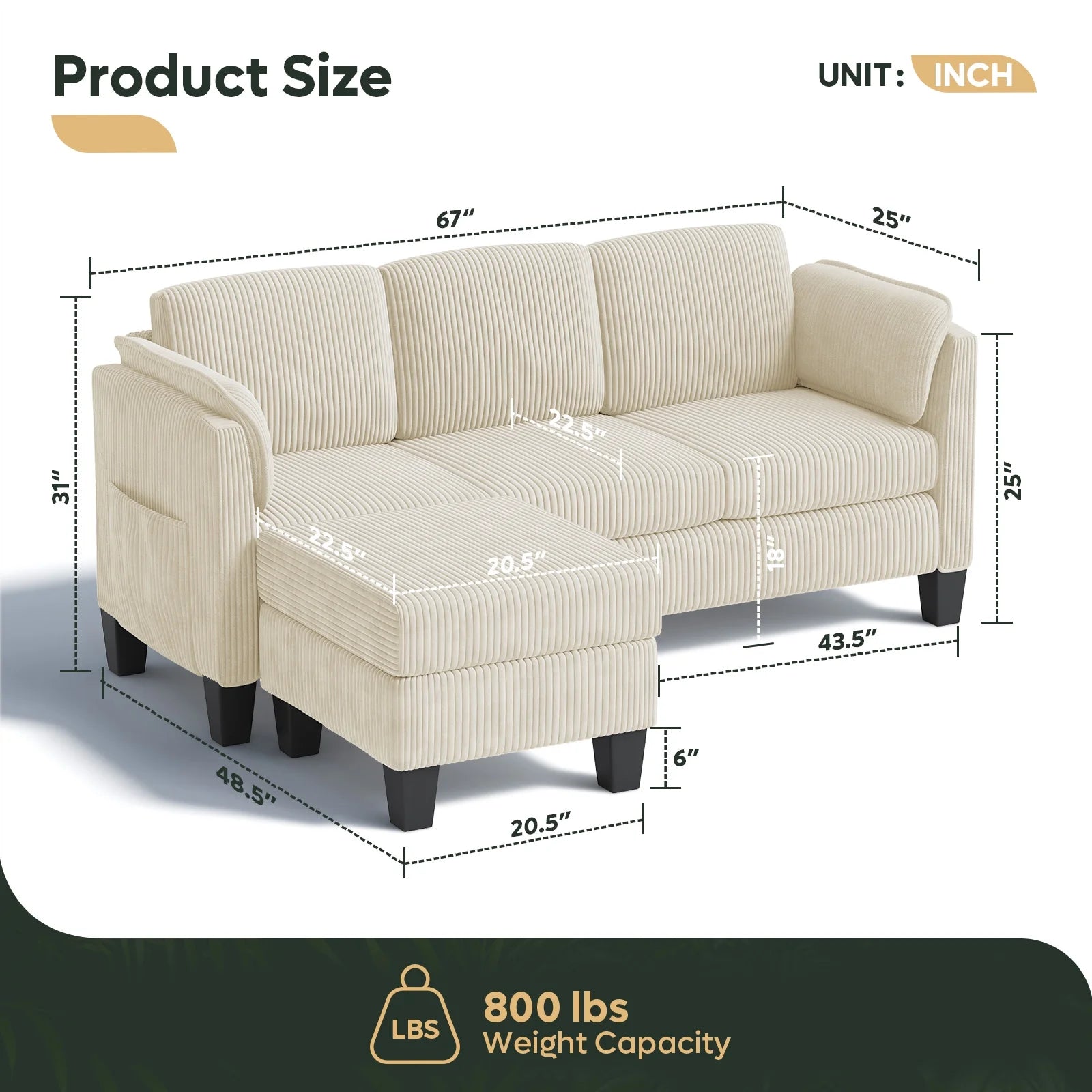 Corduroy Sectional Sofa Couches for Living Room, L-Shaped Modular Small Couch Convertible 3 Seater Sofa with Ottaman Storage,Beige