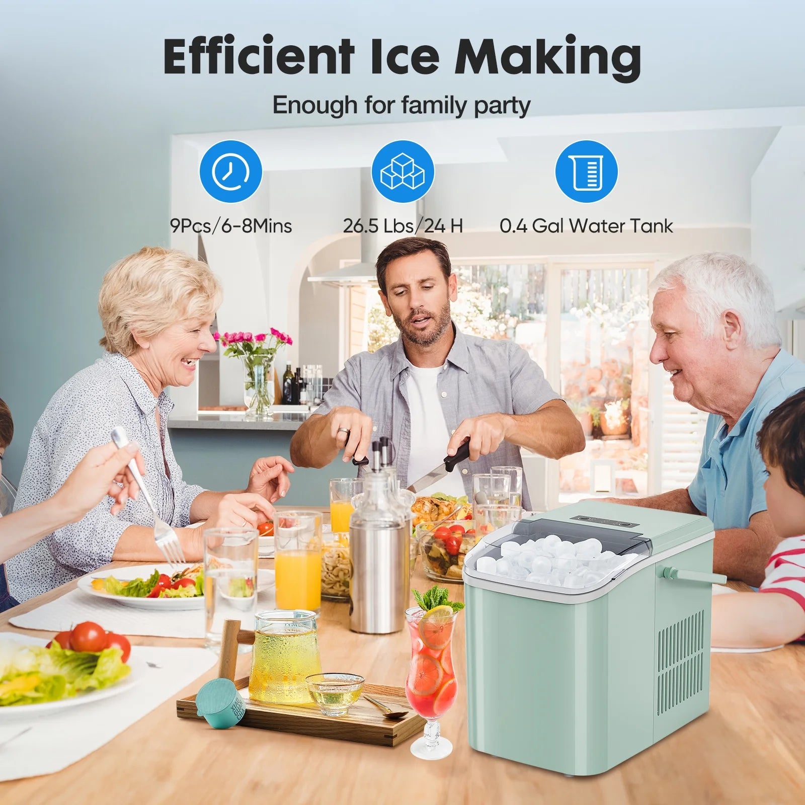 Countertop Ice Maker, Self-Cleaning Portable Ice Maker Machine with Handle and Ice Scoop, Bullet Ice Cubes, 9Pcs/6Min 26.5Lbs/24H for Home/Kitchen/Bar/Party, Green