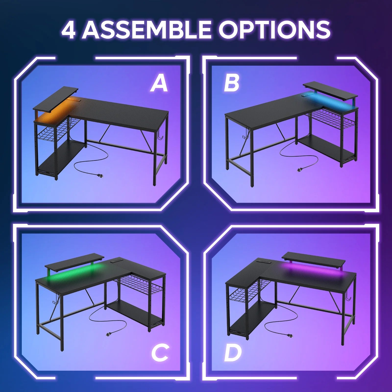 52" Gaming Desk with LED Lights L Shaped Desk with Power Outlet & Monitor Stand Corner Computer Desk in Carbon Fiber