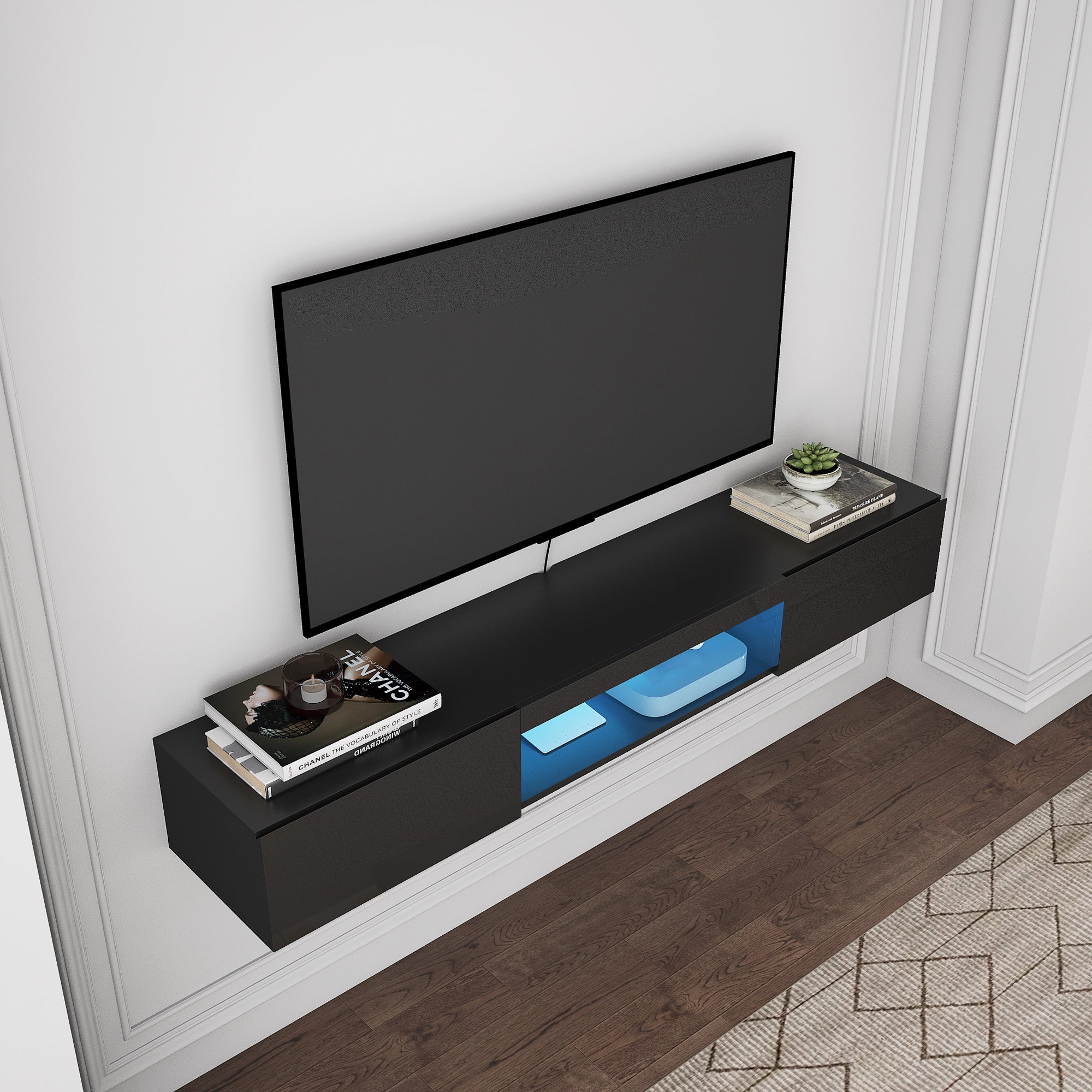 Floating TV Stand Wall Mounted with 16 Color Leds Modern TV Stand, Floating TV Cabinet Entertainment Center for 55 60 65 Inch Tv,Black